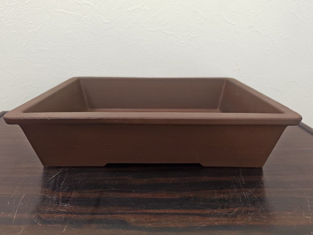 陶器の長方形盆栽鉢 ブラウン 約33cm ×24cm×7.8cm　落款　開洋