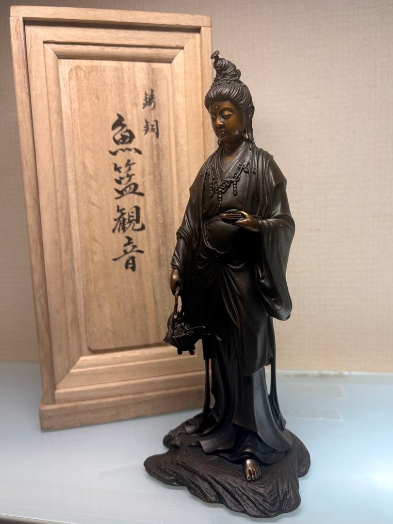 魚籃観音 鋳銅製 ブロンズ像 仏像 置物 桐箱　高村光雲　高岡銅器