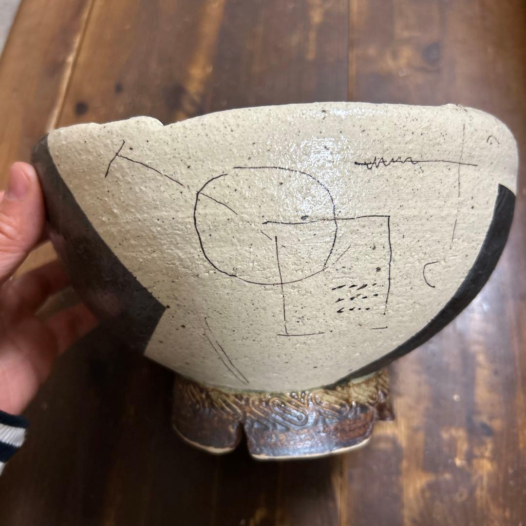 作家　陶芸作家　設計図みたいな柄　盛り鉢　サラダ鉢　深皿　7号鉢　刻印あり