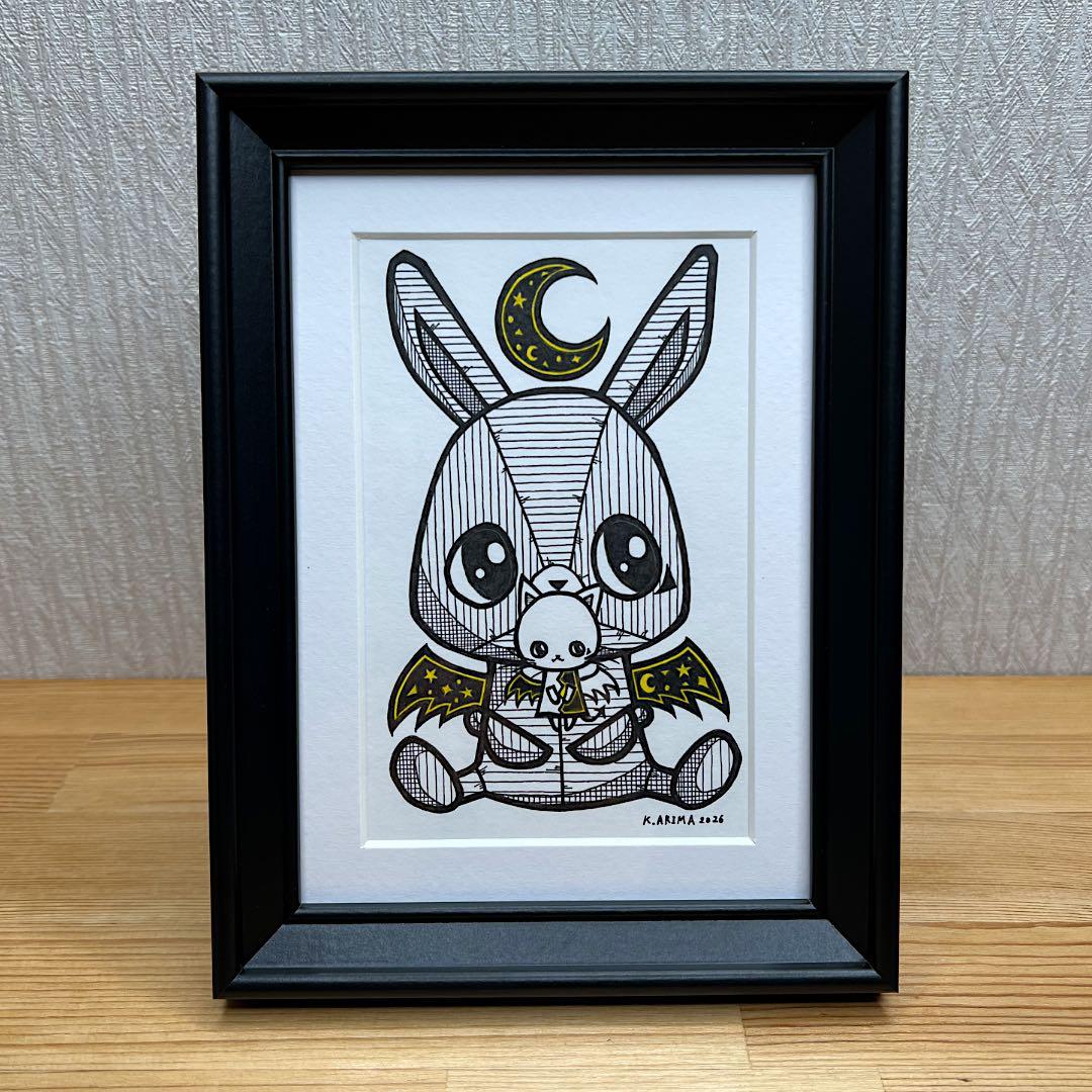 『小悪魔天使』原画一点物 絵画 手描き 癒し 猫 うさぎ 額縁付き アート作品