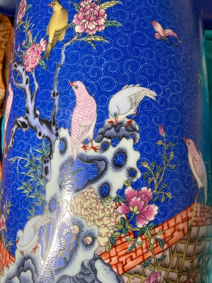 中国大清乾隆年製款洋彩軋道花鳥棒槌瓶サイズ高さ約42cm径19cm