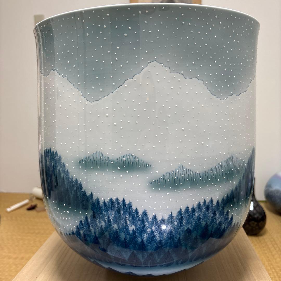 藤井朱明 壺 飾り壺 花器 日展人気作家 花瓶 有田焼 特大雪景色 共箱付き