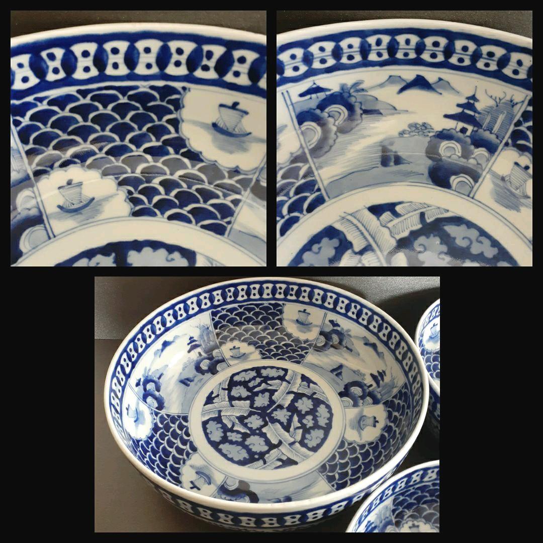 【名品】江戸時代末期～明治時代　古伊万里　染付　波に舟　たこ唐草文様　三重鉢