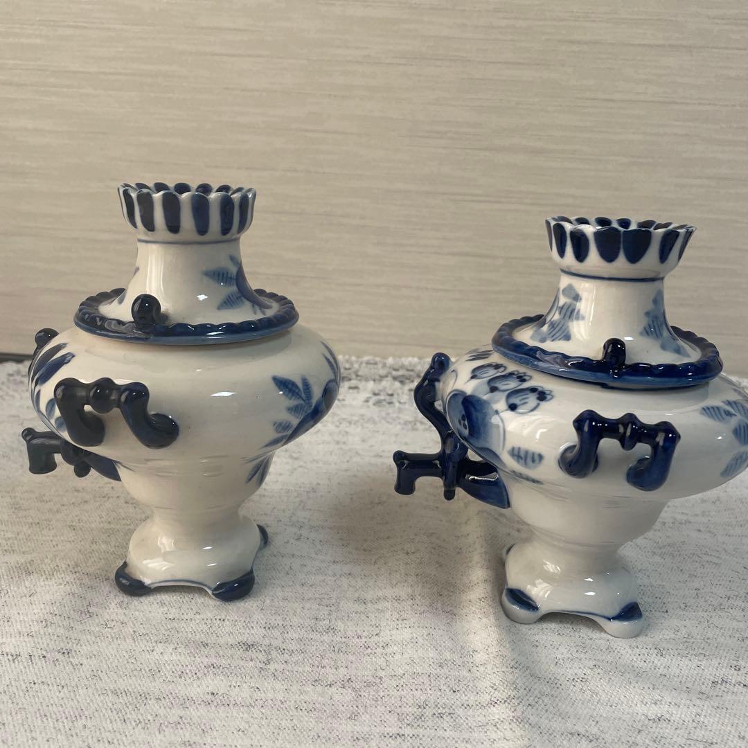 【値下げ】ロシア　グジェリ焼き　陶器 サモワール　ティーポット　ブルー　ペア