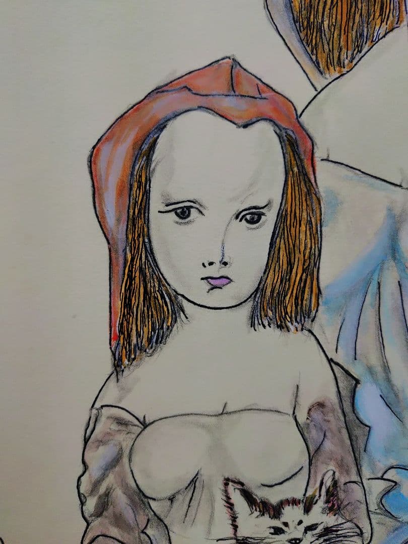 【F6号】藤田嗣治【母子像】手描き作品/表裏サイン・鑑定書有り/鉛筆/水彩/額縁