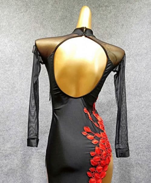 お得 社交ダンス衣装　ラテンワンピースドレス　刺繍 ブラック＋レッド