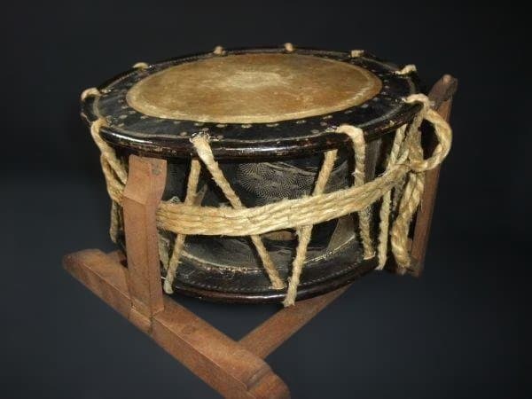 古 和太鼓 金蒔絵 鶴 老松 台 バチ 時代物 古民具