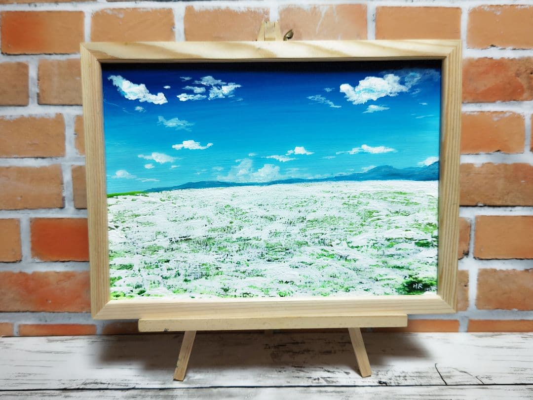 油絵 絵画 空と白いお花畑【A4】