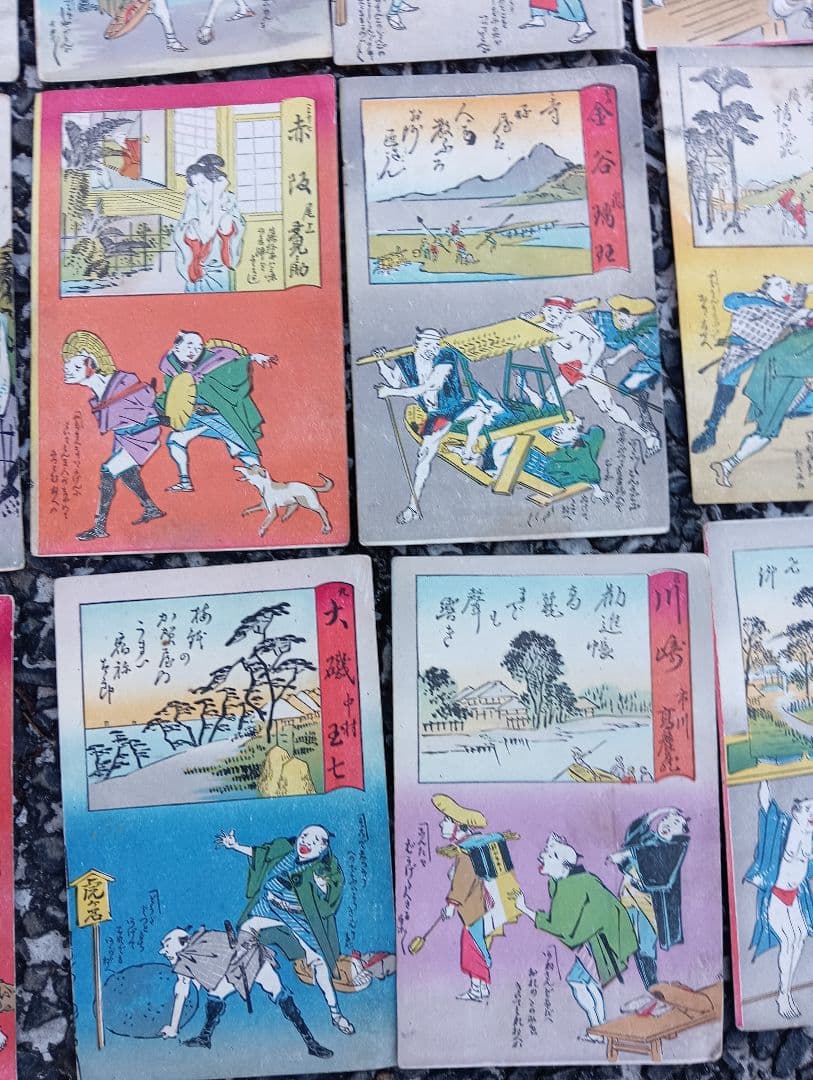 戦前絵葉書 木版画 東海道五十三次 13枚　国芳館発行 大正期 戯画風タッチ