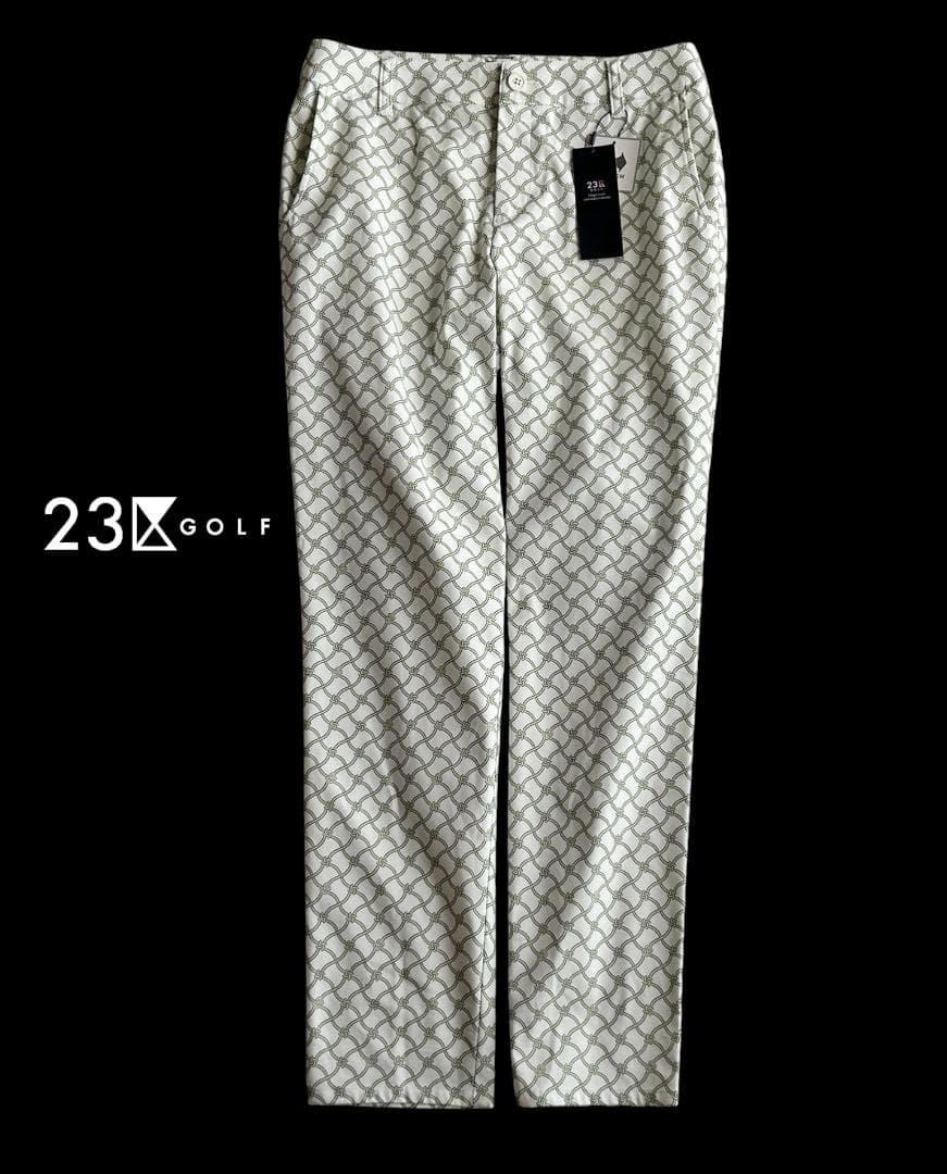 新品タグ付 23区ゴルフ 定価2.4万 総柄ロゴ ストレッチ美脚パンツ白✕緑