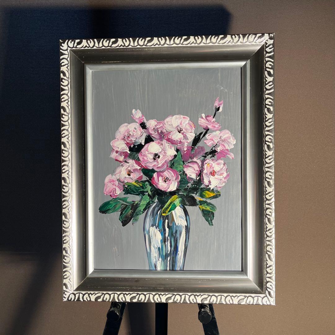 手書き油絵 花瓶の花 額付 肉筆絵画 インテリア 油彩画