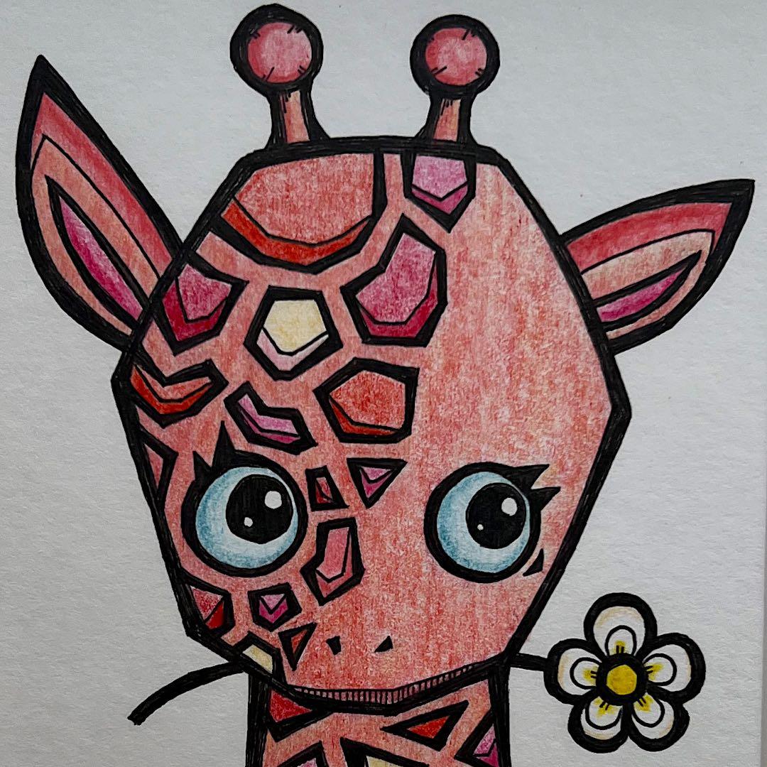 動物 原画 絵 手描き 癒し きりん アート 一点物 額縁付き『記憶のピンク』