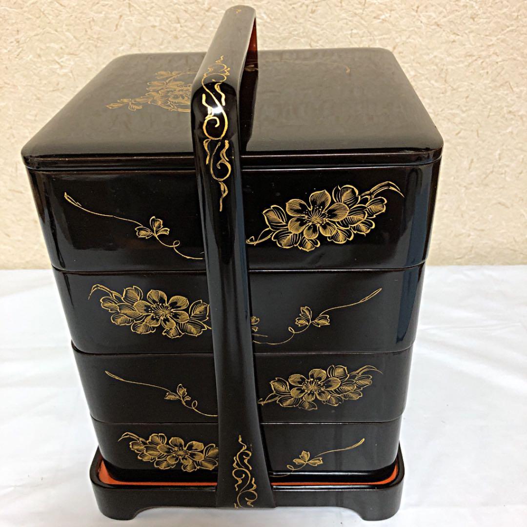年代物 木製 漆器 漆塗り 重箱 お重 四段重 持ち手 木箱入り