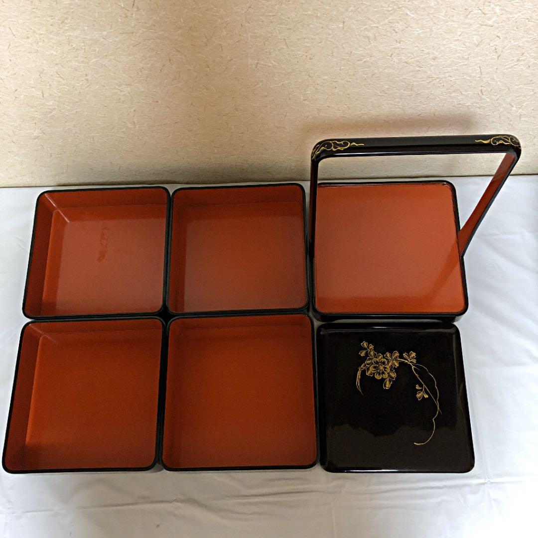 年代物 木製 漆器 漆塗り 重箱 お重 四段重 持ち手 木箱入り