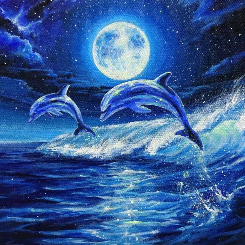 【イルカの夜】アクリル画 F3 風景画 絵画