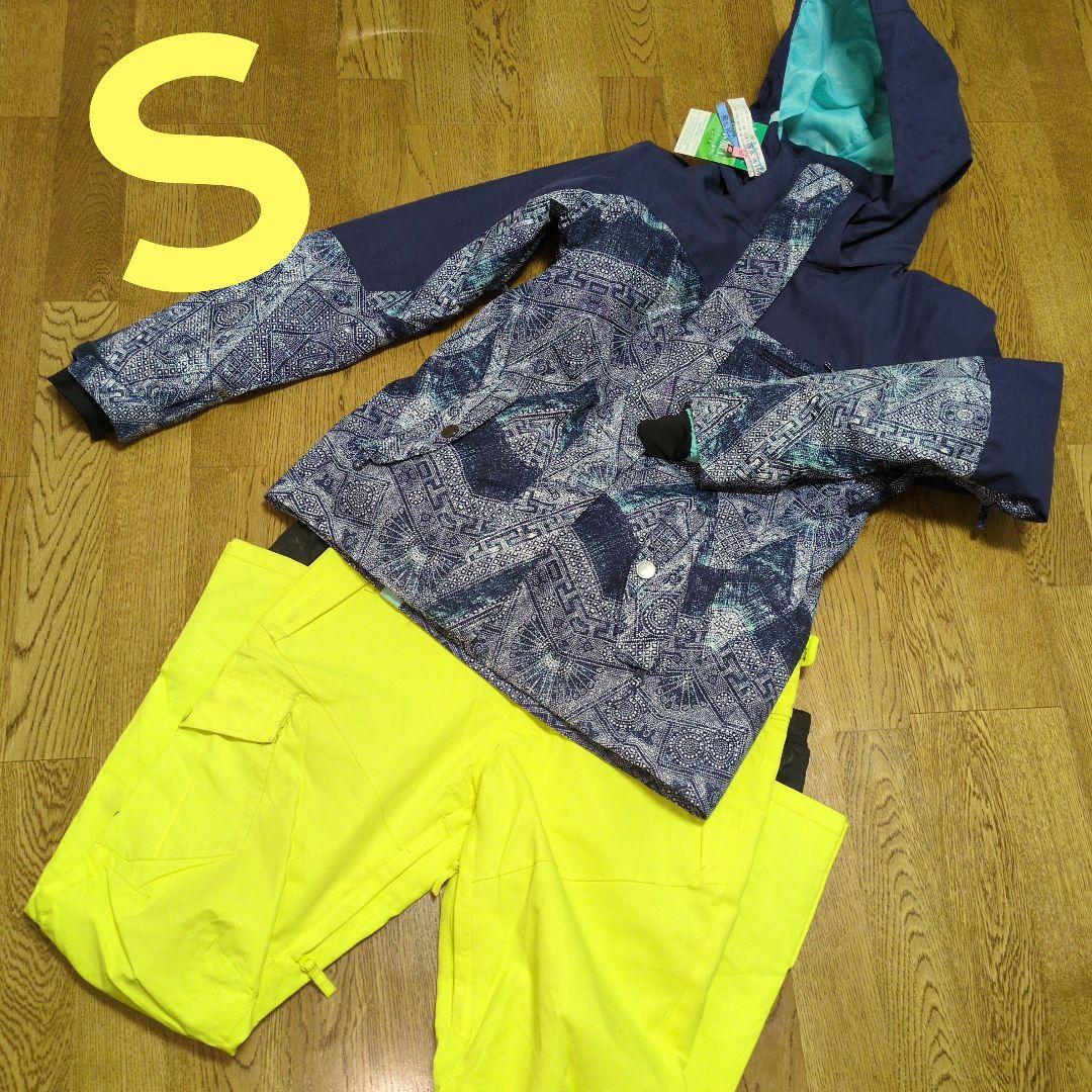 【美品】ROXY　スノボウェア　上下セットアップ　Ｓ　　ブルー　総柄　イエロー