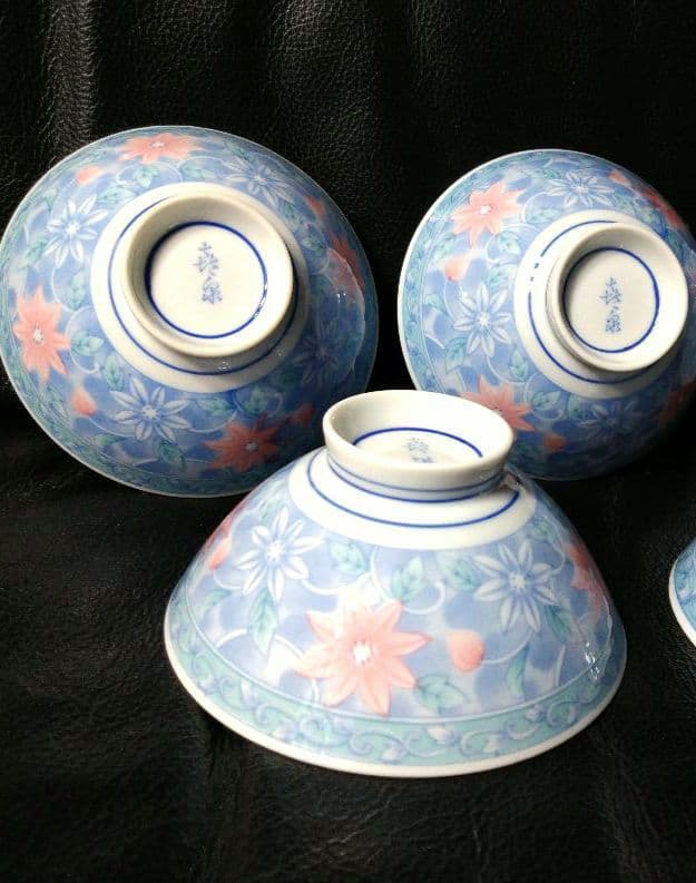 ♥希少６０年前のヴィンテージ品⬛超レア美濃焼・喜泉窯⬛染付・赤絵花柄お茶碗⬛5皿