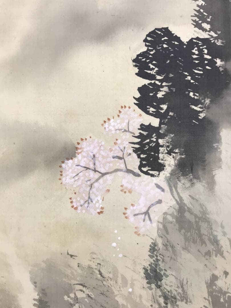 【真作】小山春翠/桜花筏下り図/山水図/春景山水図/掛軸/名家伝来/AD-913