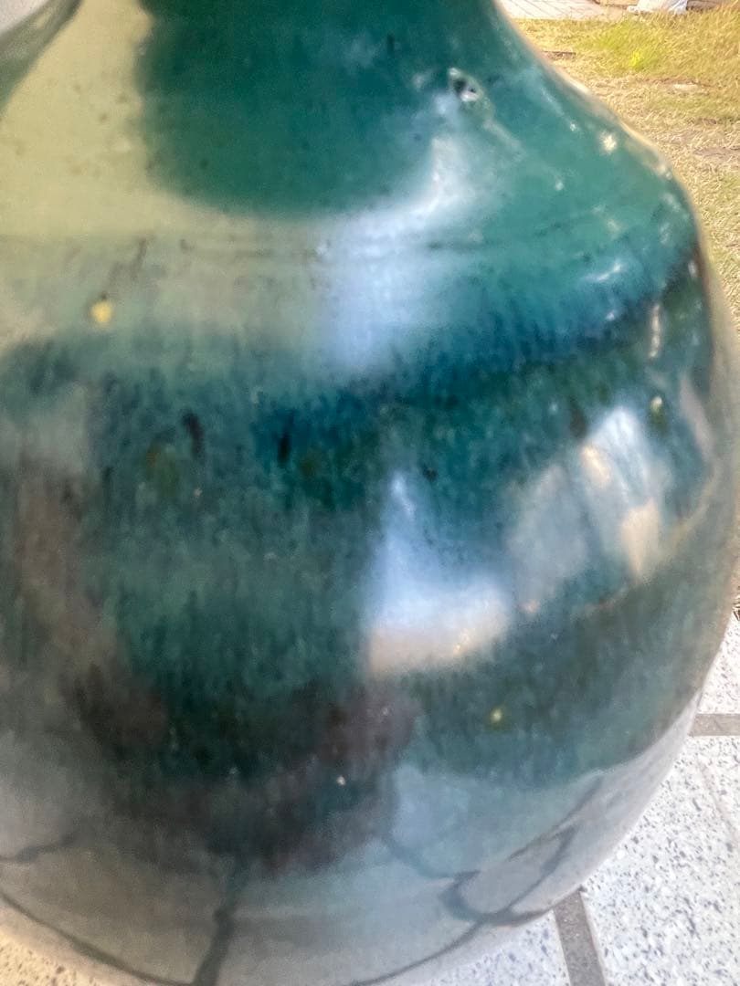 新品　未使用　上野焼　岩男元彦窯作　青緑色 陶器 花瓶 中型 木箱付き
