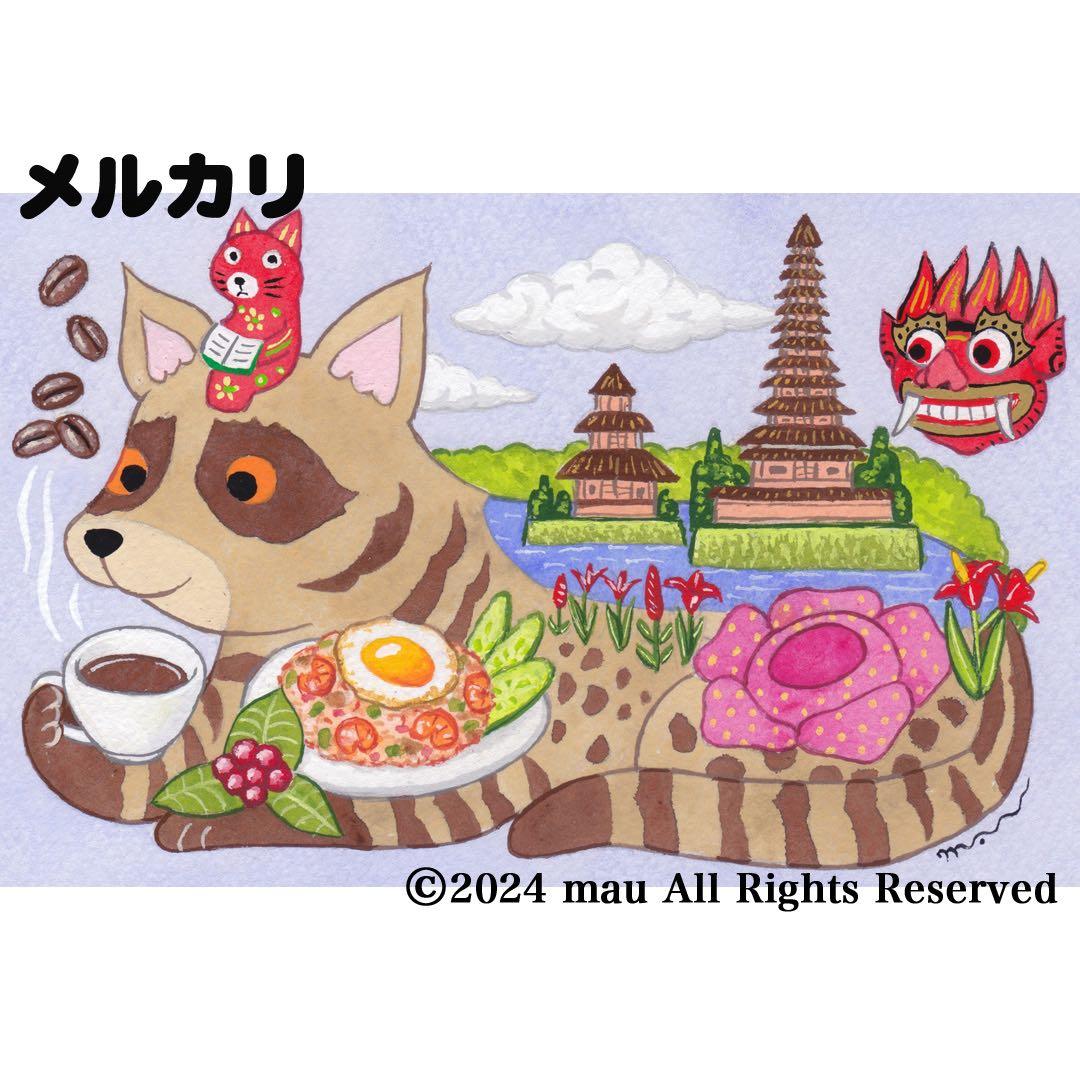 原画「猫の背中にインドネシア〜ジャコウネコ」イラスト/アート/絵画/猫/バリ島