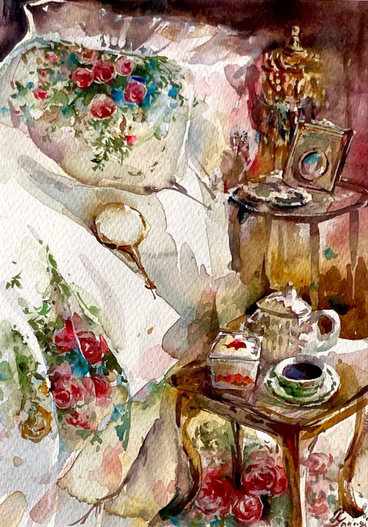 水彩画 原画 花柄のベッドシーツ