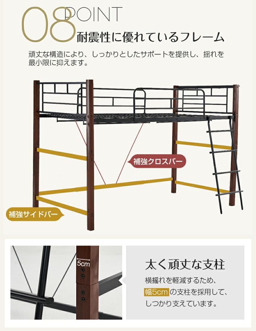 【高さ140cm】ロフトベッド（S）コンセント付き耐荷重150kg　BLACK