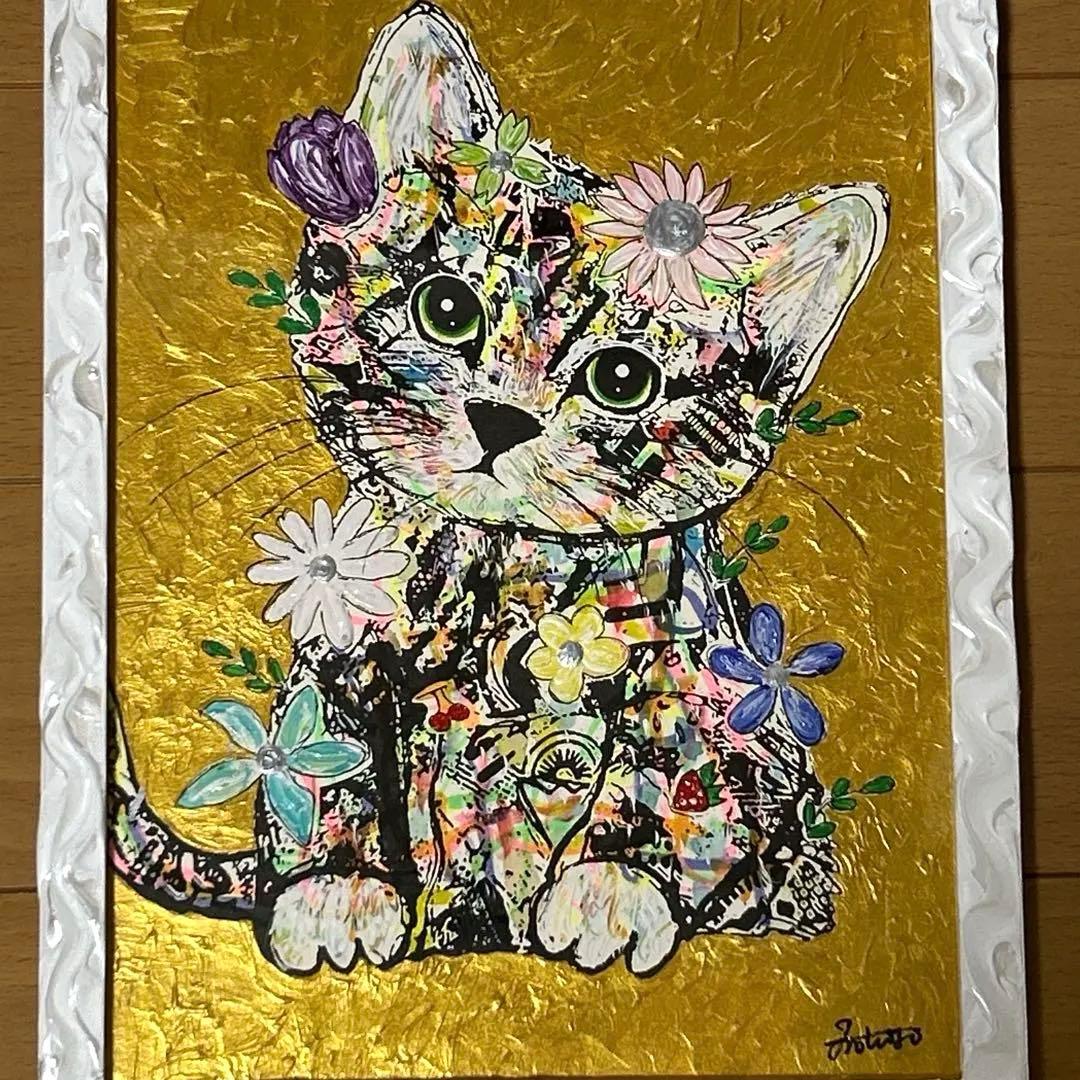ア*?様 手作り額付きシルクスクリー ン応用絵画 作品「天晴ニャンコ」 猫イラス