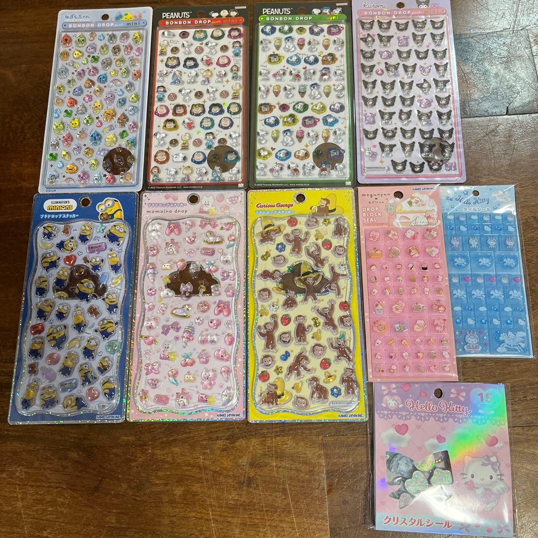ボンボンドロップシールあり、スヌーピー　サンリオ　ミニオン　しずくちゃん