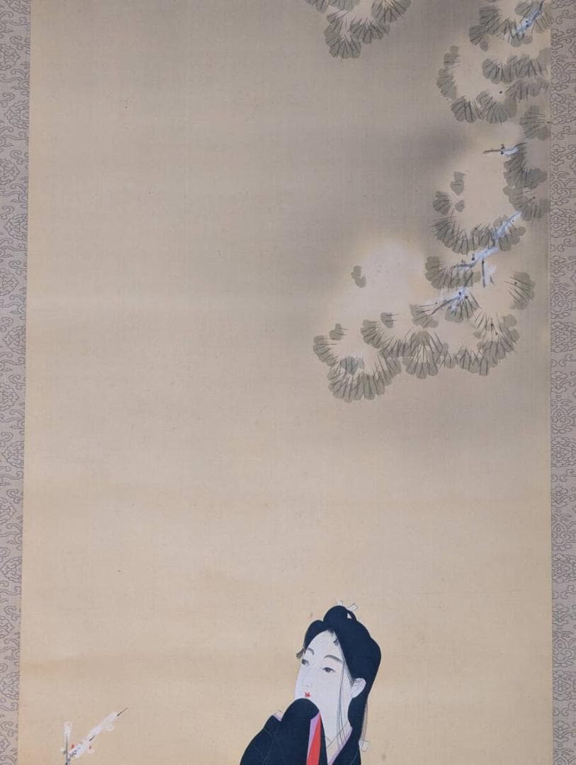 【真作】掛軸　美人画掛軸　春風にたたずむ立ち姿・華やかな和装美人　合箱入　V95