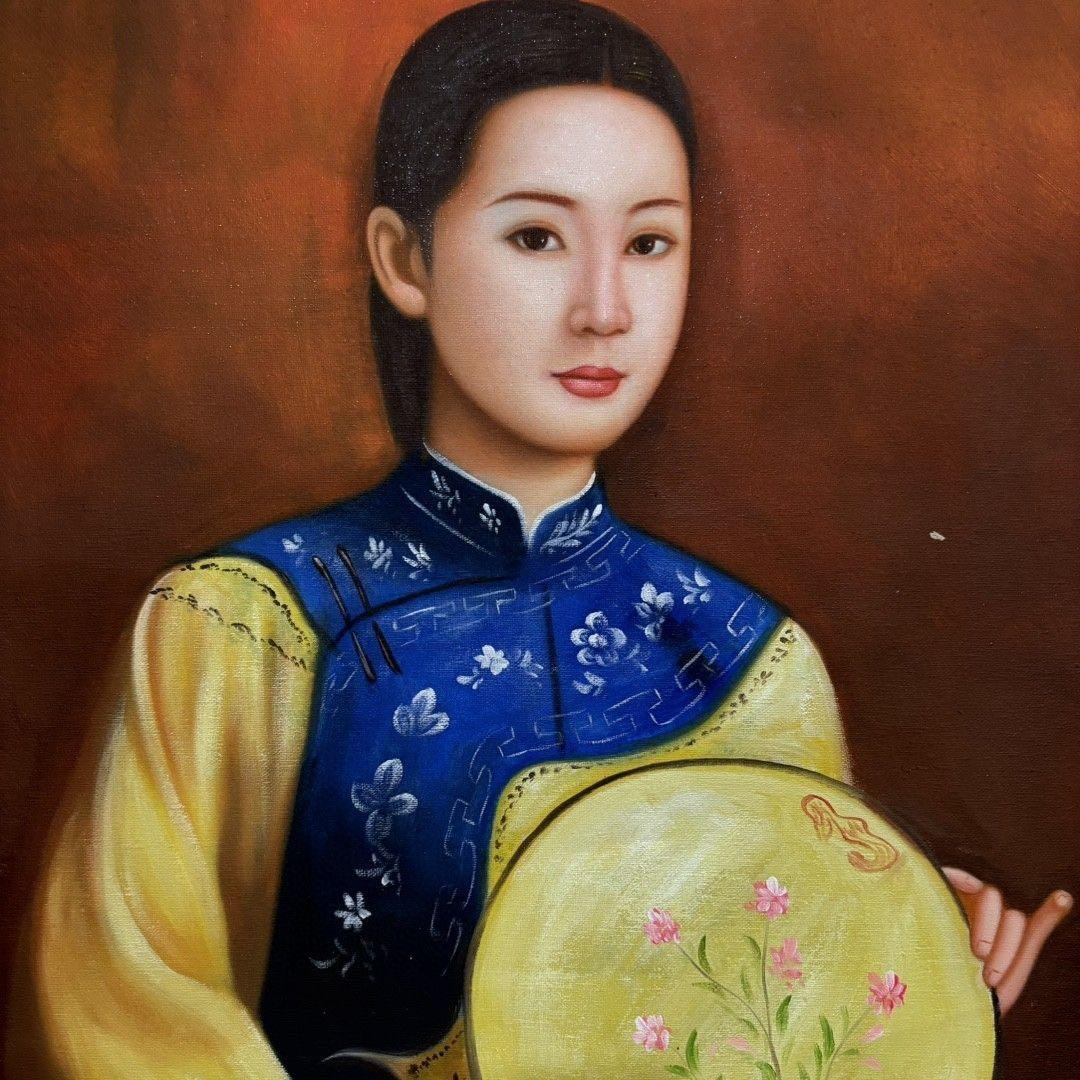 手描き 水彩油画 人物画 女性肖像 絵画 原画 約70×100cm