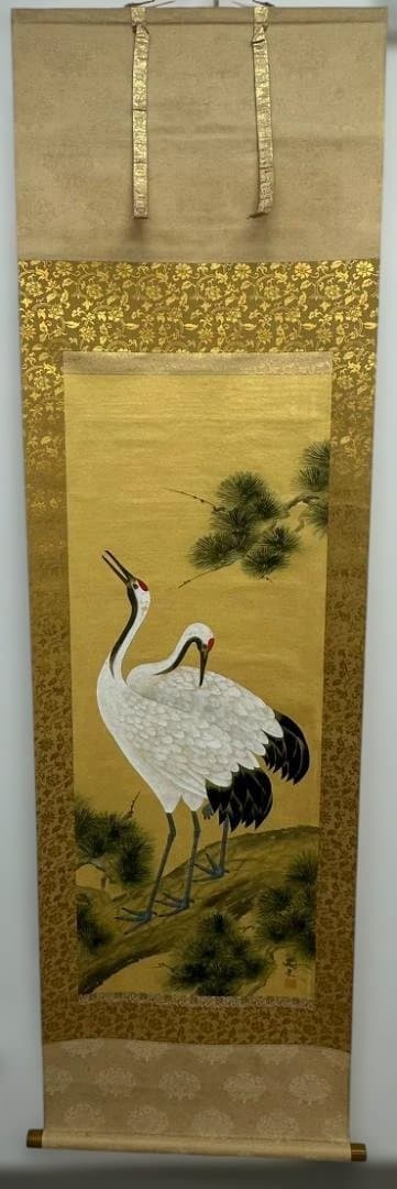 【真作】掛軸 小川尚堂『双鶴』絹本 共箱付 縁起物 正月 慶事 祝儀