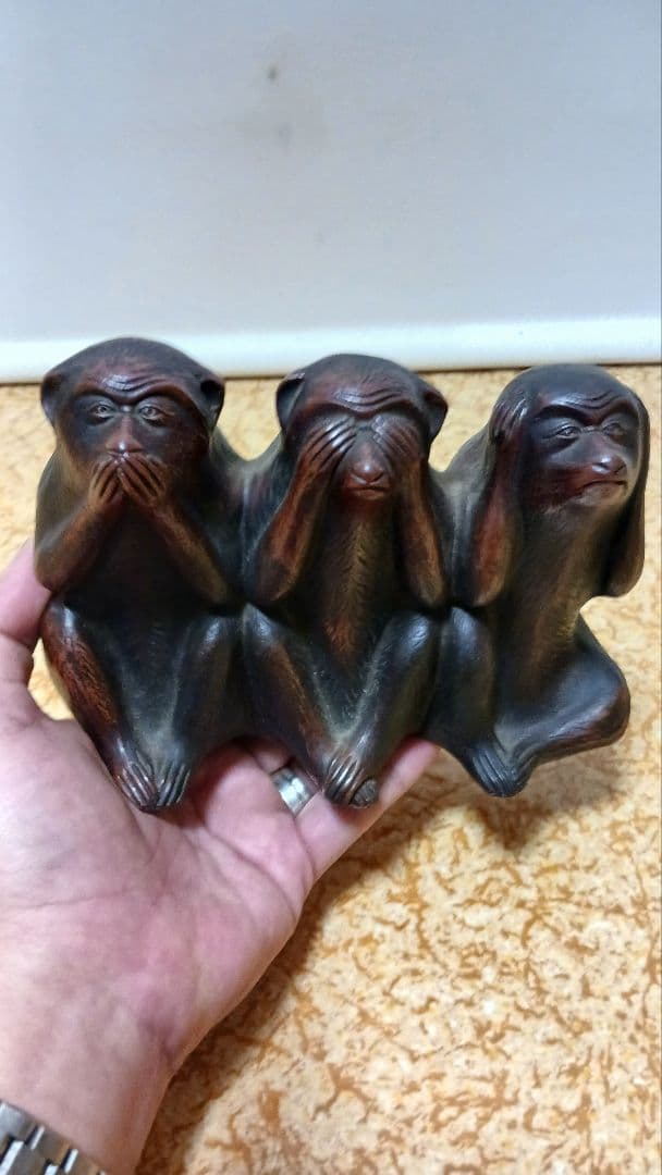 時代物　備前焼　三猿　置物　見ざる聞かざる言わざる　在銘　明治大正期　箱付　骨董