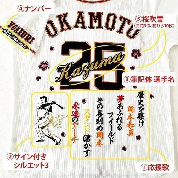 ジャイアンツ 巨人 岡本和真　刺繍ワッペン 5点セット 筆記体【白】応援歌
