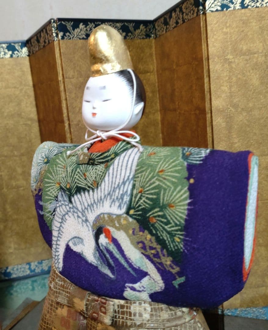 桐塑立雛　男雛の金箔冠 難度の高い女雛の髪型 古布の衣裳