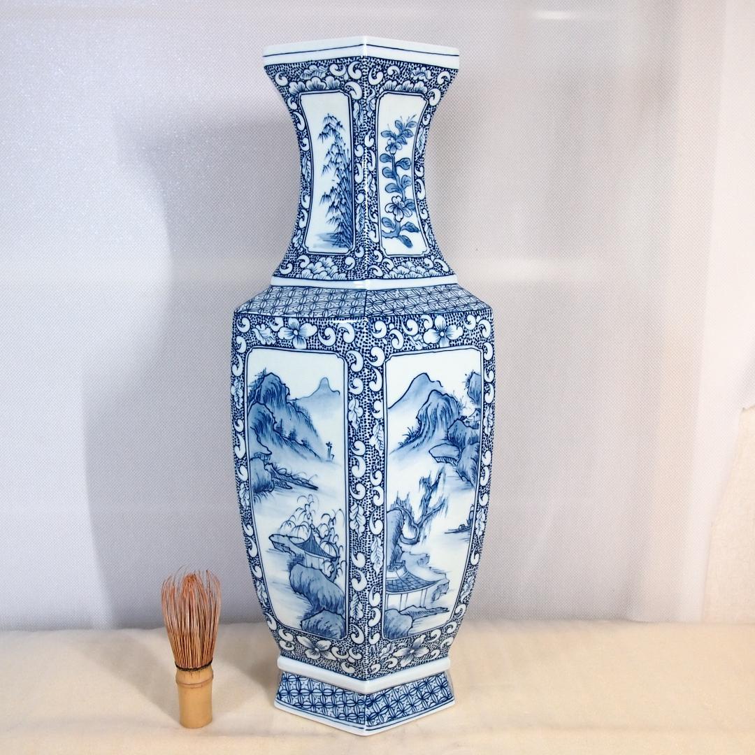 【未使用】中国 景徳鎮製 山水文 六角 花瓶/花器/フラワーベース 飾り壺 磁器