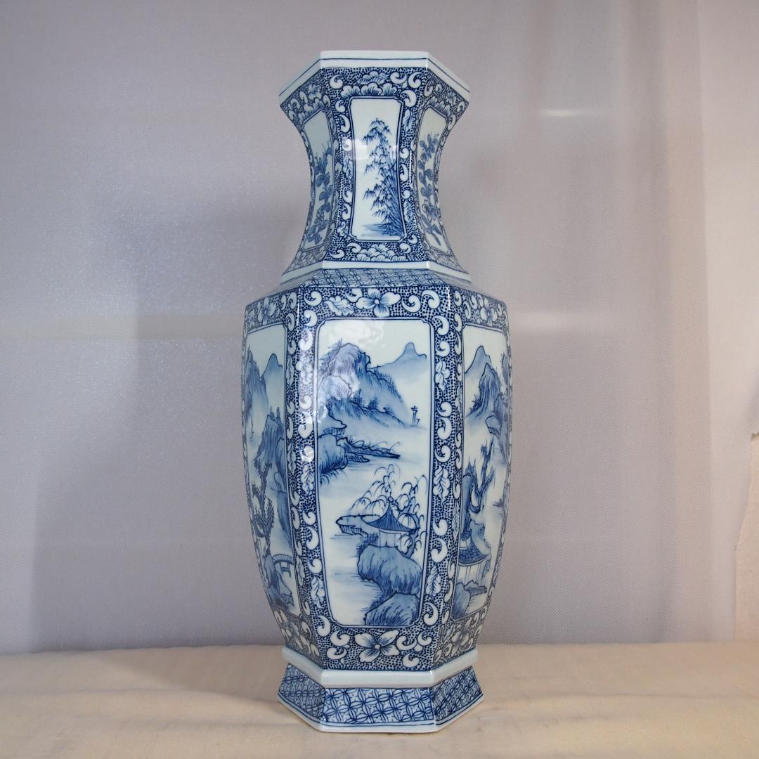 【未使用】中国 景徳鎮製 山水文 六角 花瓶/花器/フラワーベース 飾り壺 磁器