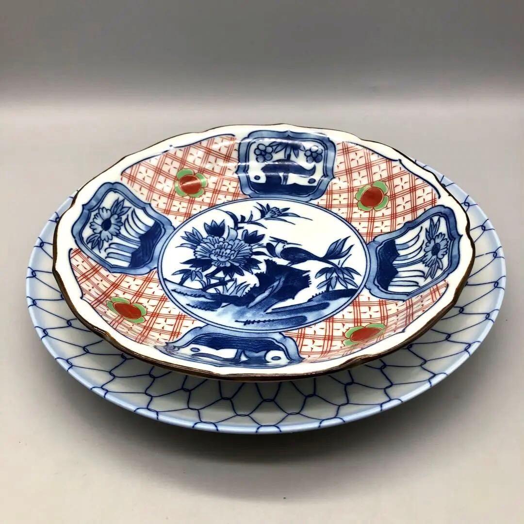 有田焼玄島窯お花絵付け皿20cm&藍色網目模様皿24cmセットビンテージ食器
