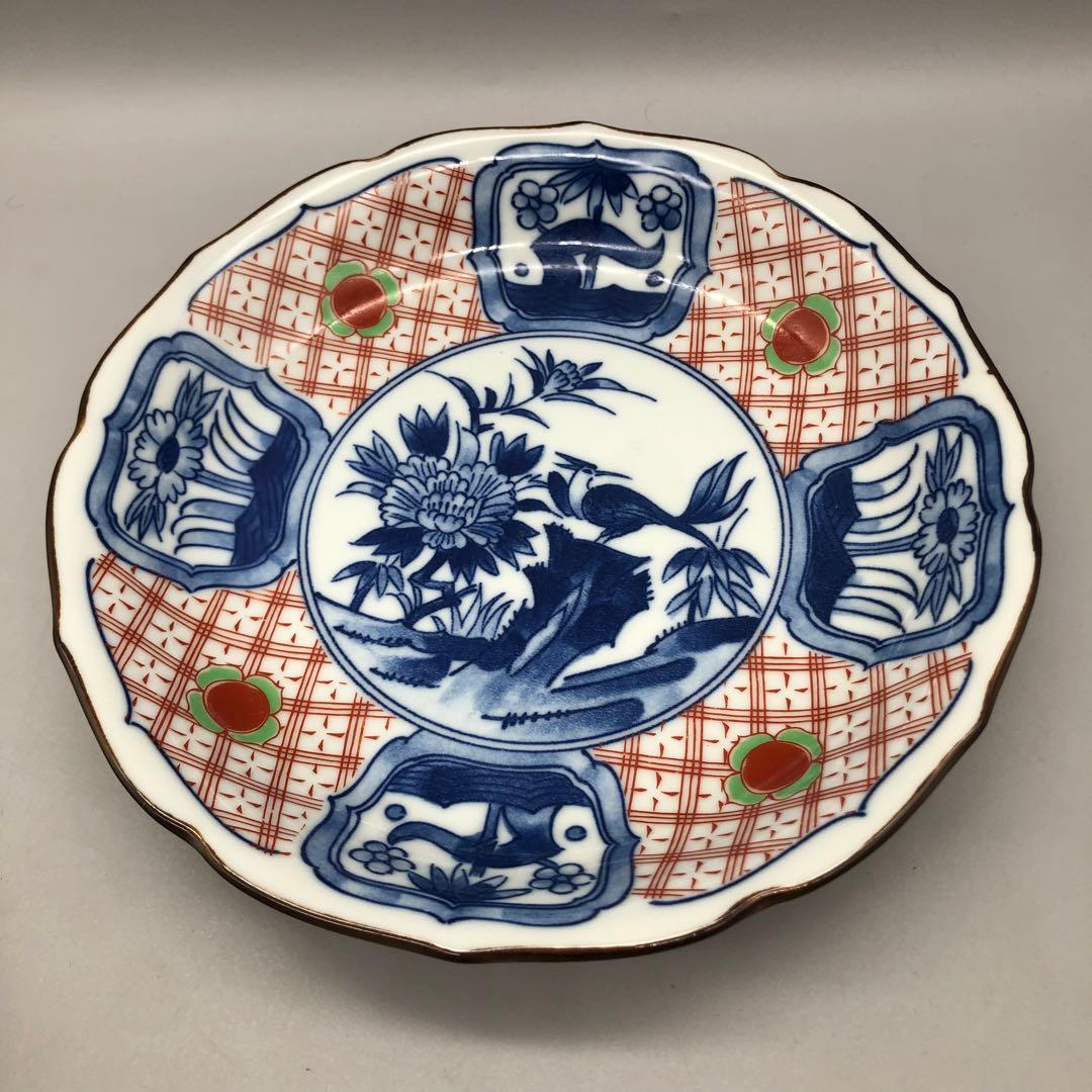 有田焼玄島窯お花絵付け皿20cm&藍色網目模様皿24cmセットビンテージ食器