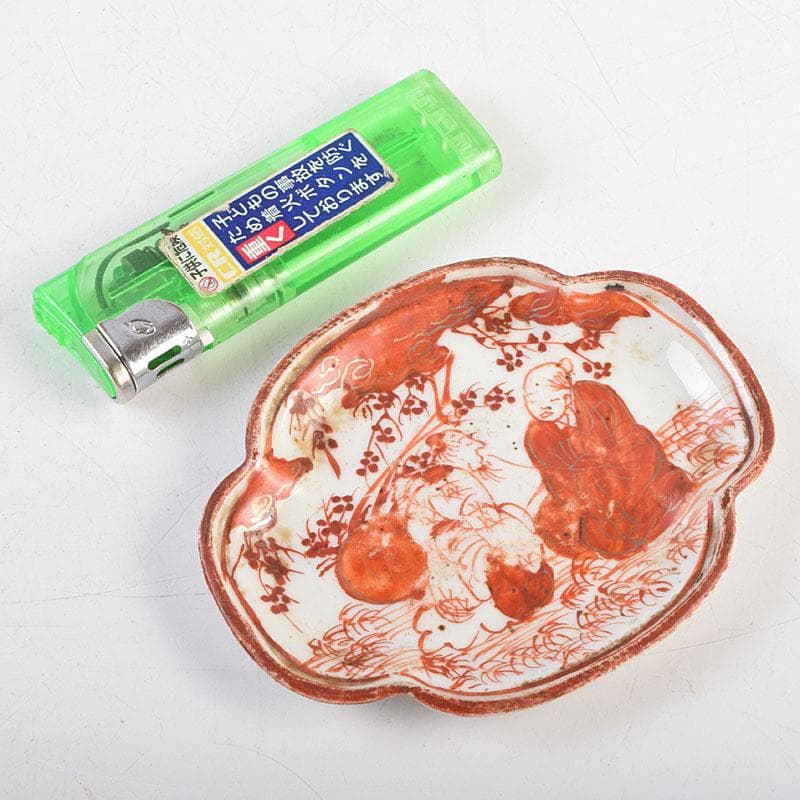 九谷焼　古九谷　赤絵人物文　木瓜形　菓子器　菓子皿　五客　時代箱　D　R9554