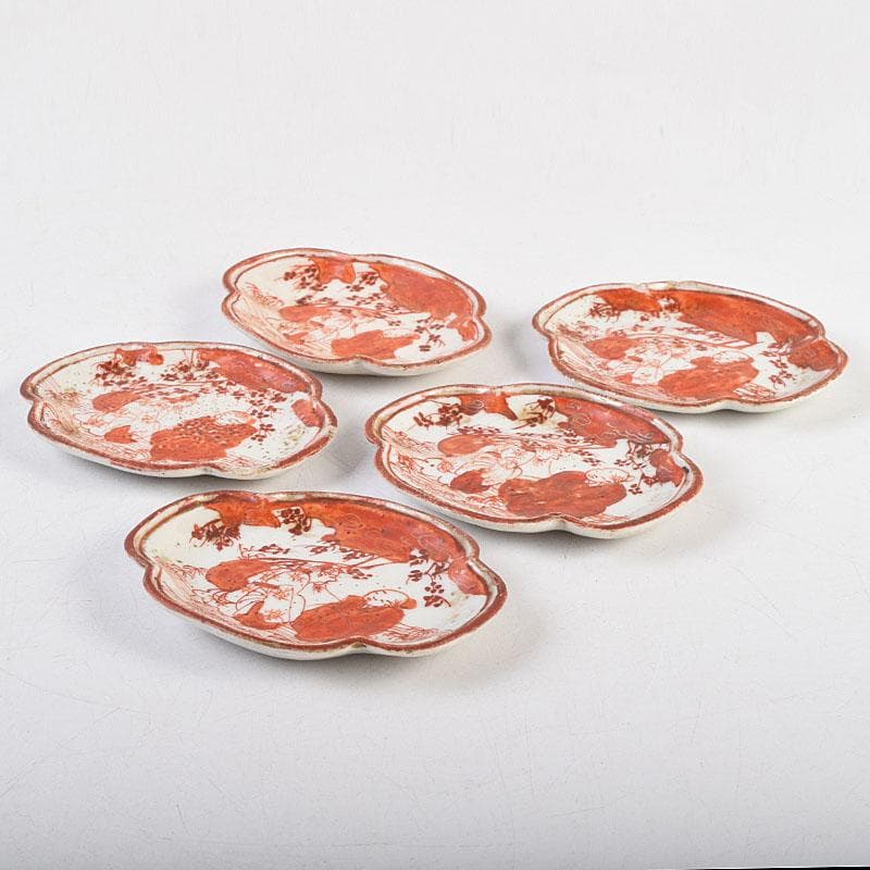 九谷焼　古九谷　赤絵人物文　木瓜形　菓子器　菓子皿　五客　時代箱　D　R9554