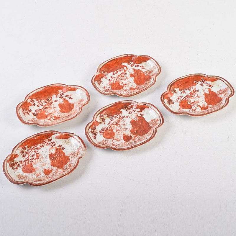 九谷焼　古九谷　赤絵人物文　木瓜形　菓子器　菓子皿　五客　時代箱　D　R9554