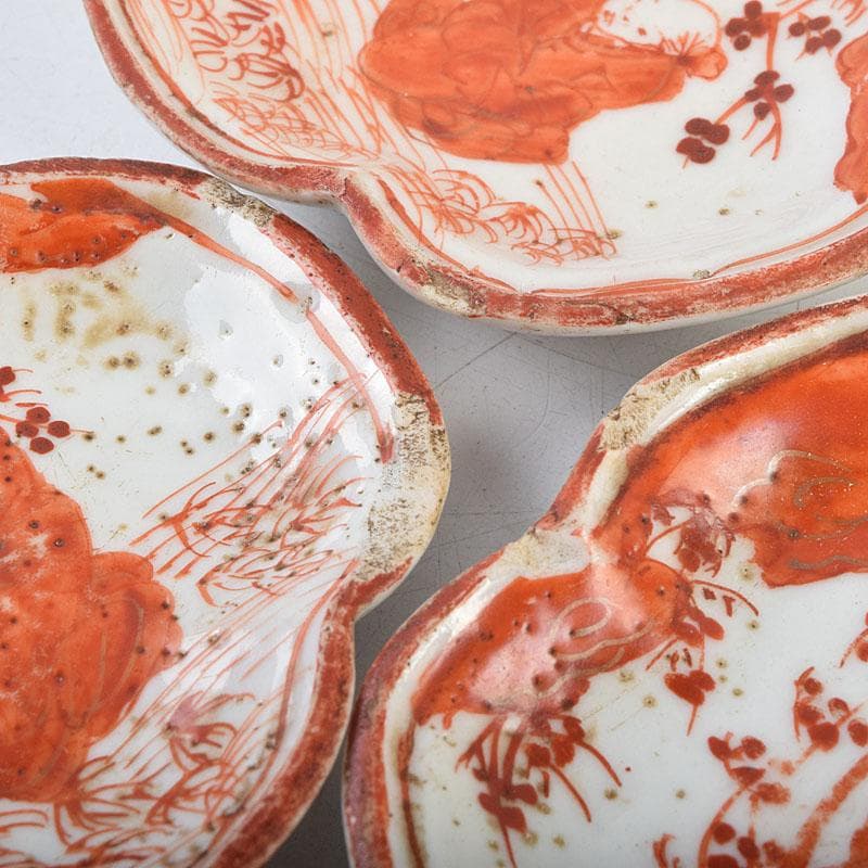 九谷焼　古九谷　赤絵人物文　木瓜形　菓子器　菓子皿　五客　時代箱　D　R9554
