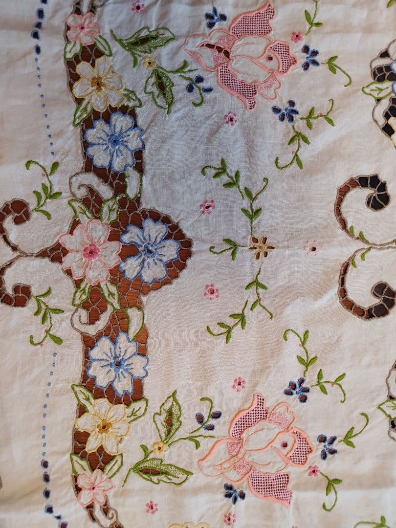 花柄刺繍付きレーステーブルクロス　ビンテージ
