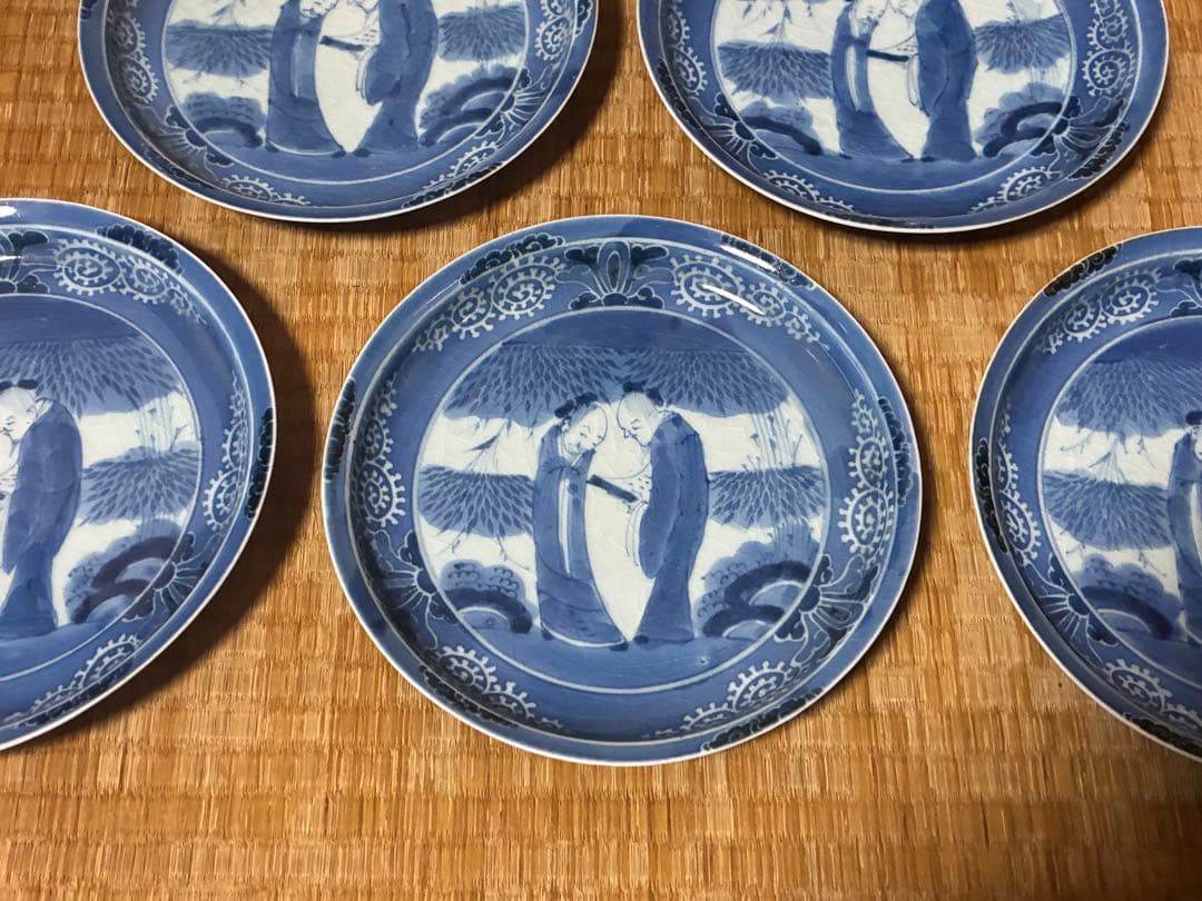 古伊万里 染付 竹林賢人図 富貴長春 五枚揃い 時代物