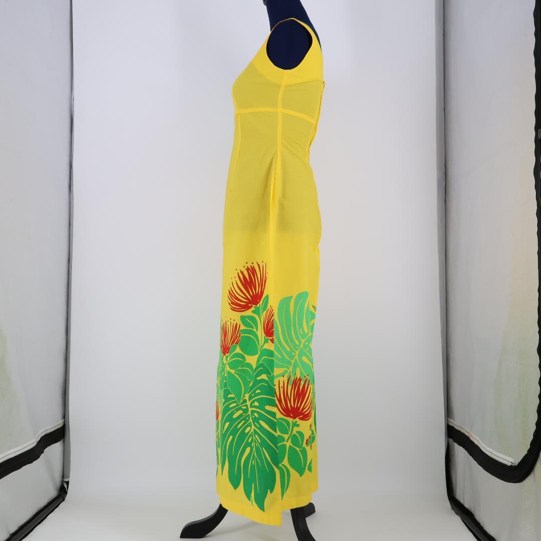 【美品 フラダンス衣装】イエロー ワンピース ドレス レフア柄 モンステラ柄 赤