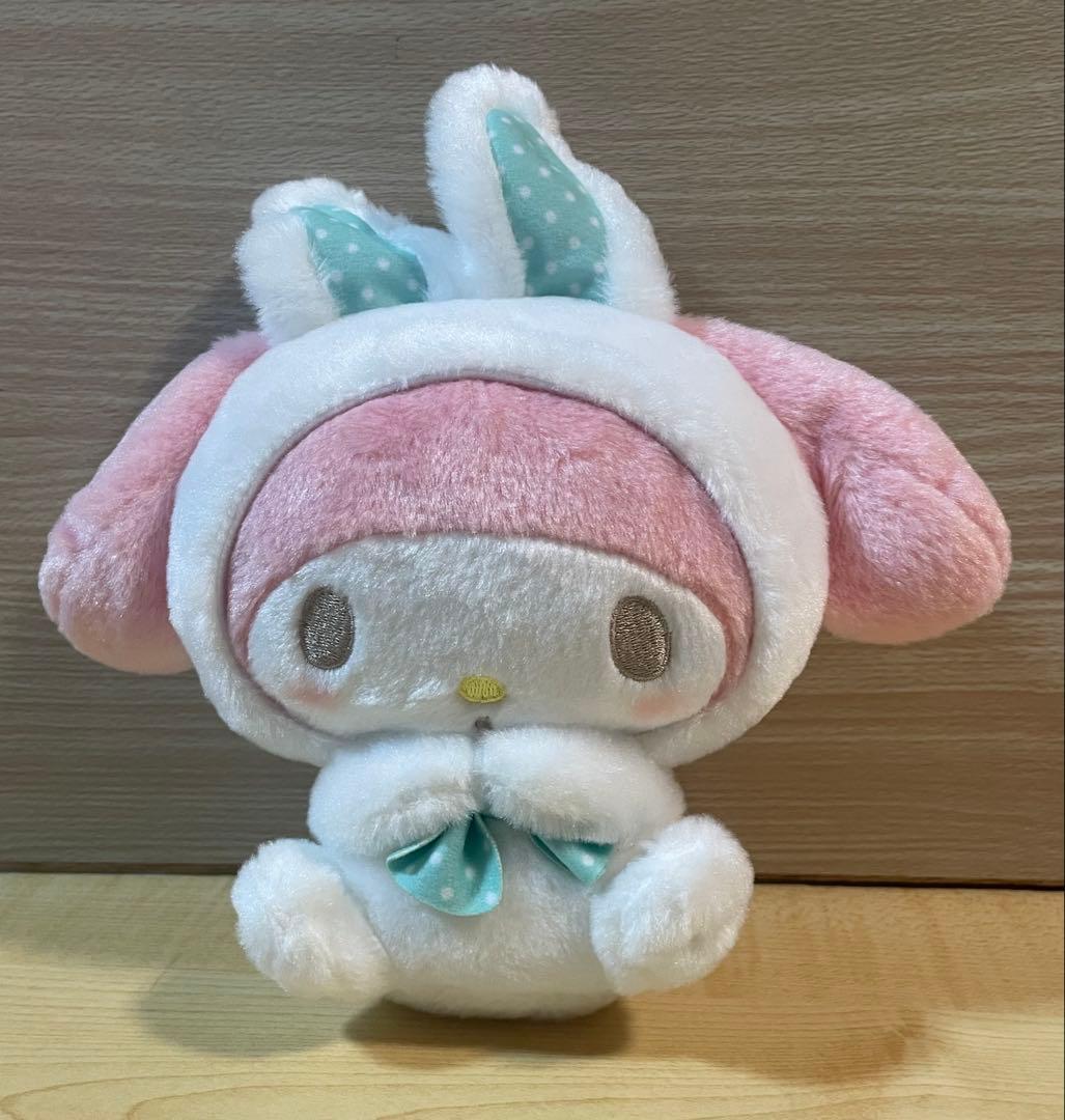 テメ上　マイメロディ ピンク赤バット付きウサギ耳赤い毛糸ドレスぬいぐるみ