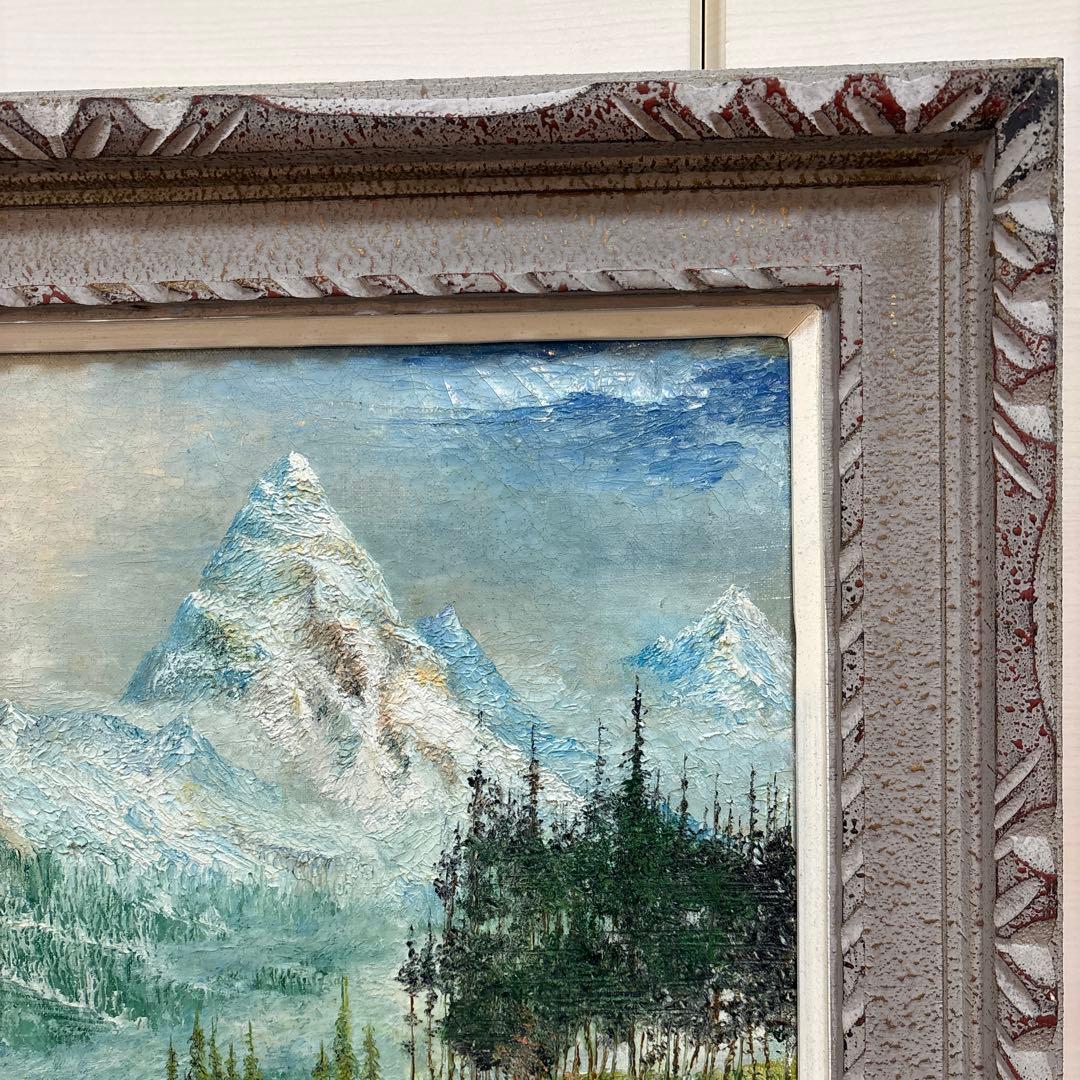油絵 【雪山と湖】作者不明