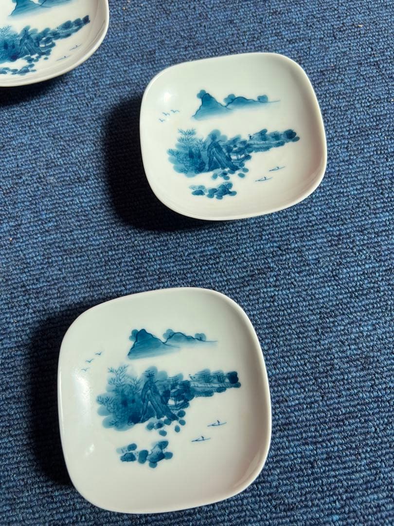 1023 有田焼　畑萬陶苑　染付山水　小皿　5客　未使用