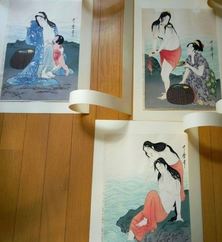 ☆歌麿浮世絵版画5枚セット☆日本美術社古法純手摺木版画複製☆桐箱入英文併記☆希少