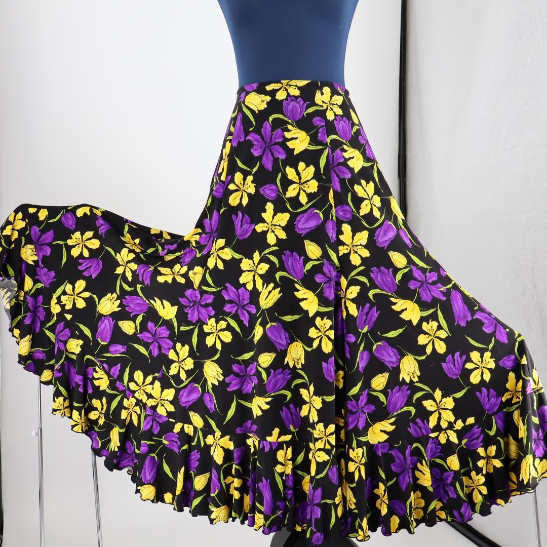 【美品 フラメンコ衣装】鮮やか花柄×パープルイエロー ファルダ スカート